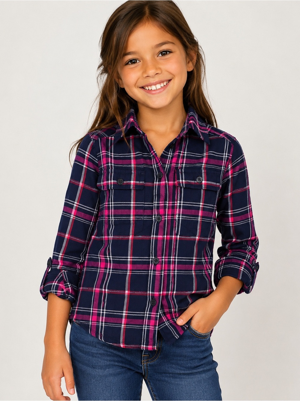TOMMY HILFIGER Girls Button down shirt Size 6 Plaid 100% Rayon Roll up sleeve